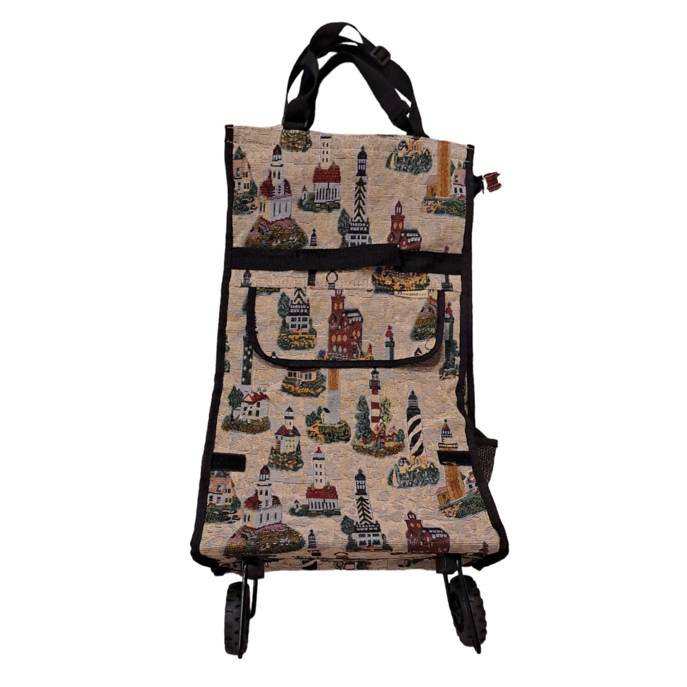 Bovano USA Tapestry Lighthouses Bag Wheels Rolling Foldable Shopping Travel Zip